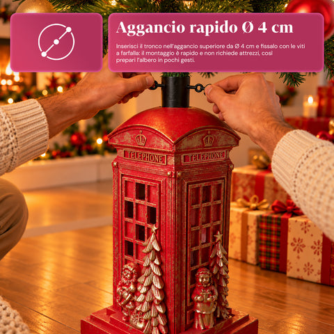 Base per albero di Natale cabina telefonica inglese con luci LED, Babbo Natale e alberello dorati, foro universale 4 cm, per fusti fino a 180 cm
