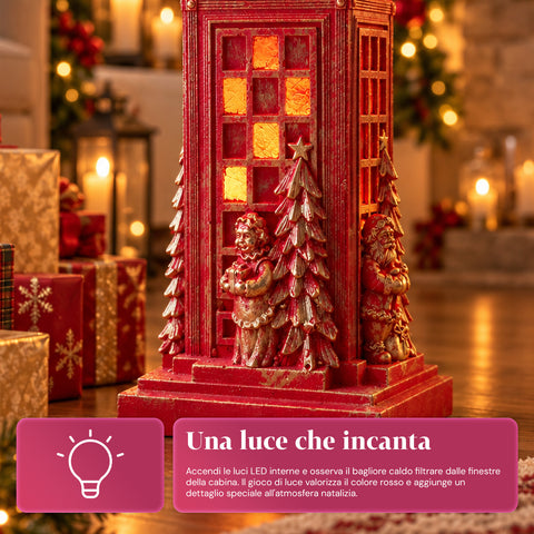 Base per albero di Natale cabina telefonica inglese con luci LED, Babbo Natale e alberello dorati, foro universale 4 cm, per fusti fino a 180 cm