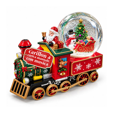 Carillon locomotiva natalizia con sfera di neve in vetro, Babbo Natale sul treno, a carica meccanica, dimensioni 22x13x17,5 cm