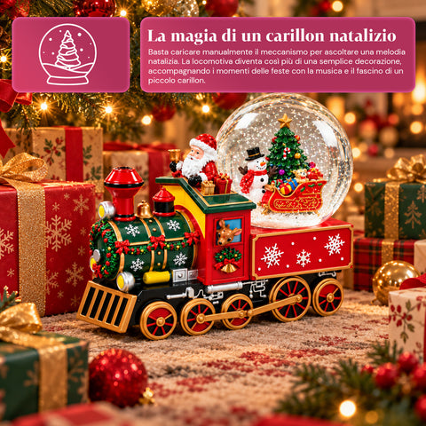Carillon locomotiva natalizia con sfera di neve in vetro, Babbo Natale sul treno, a carica meccanica, dimensioni 22x13x17,5 cm