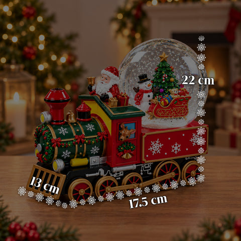 Carillon locomotiva natalizia con sfera di neve in vetro, Babbo Natale sul treno, a carica meccanica, dimensioni 22x13x17,5 cm