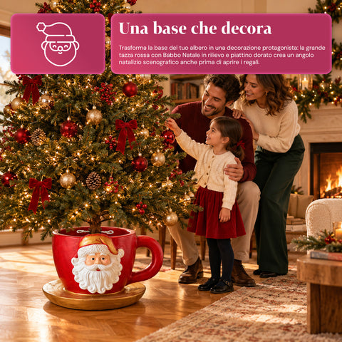 Base per albero di Natale a forma di tazza con Babbo Natale in rilievo, foro universale 4 cm, per fusti fino a 180 cm, peso 6 kg
