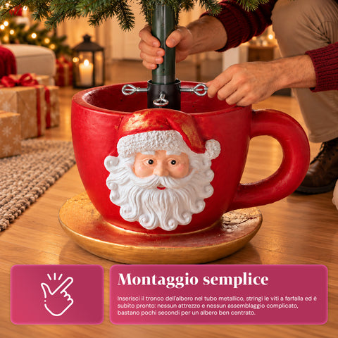 Base per albero di Natale a forma di tazza con Babbo Natale in rilievo, foro universale 4 cm, per fusti fino a 180 cm, peso 6 kg