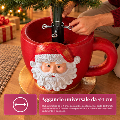 Base per albero di Natale a forma di tazza con Babbo Natale in rilievo, foro universale 4 cm, per fusti fino a 180 cm, peso 6 kg