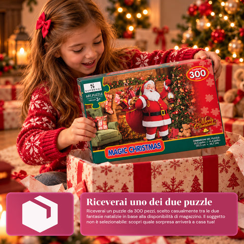 300 darabos karácsonyi puzzle, 2 féle véletlenszerűen küldött mintával, ünnepi dekorációkkal díszített karácsonyi jelenet, papírból, mérete 52,5x36,7 cm
