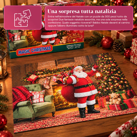 300 darabos karácsonyi puzzle, 2 féle véletlenszerűen küldött mintával, ünnepi dekorációkkal díszített karácsonyi jelenet, papírból, mérete 52,5x36,7 cm