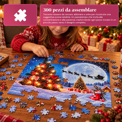300 darabos karácsonyi puzzle, 2 féle véletlenszerűen küldött mintával, ünnepi dekorációkkal díszített karácsonyi jelenet, papírból, mérete 52,5x36,7 cm