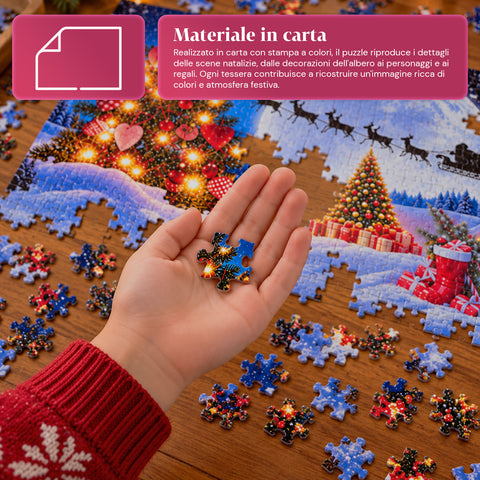 300 darabos karácsonyi puzzle, 2 féle véletlenszerűen küldött mintával, ünnepi dekorációkkal díszített karácsonyi jelenet, papírból, mérete 52,5x36,7 cm