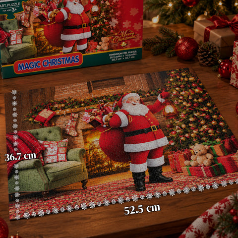 300 darabos karácsonyi puzzle, 2 féle véletlenszerűen küldött mintával, ünnepi dekorációkkal díszített karácsonyi jelenet, papírból, mérete 52,5x36,7 cm