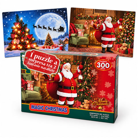 300 darabos karácsonyi puzzle, 2 féle véletlenszerűen küldött mintával, ünnepi dekorációkkal díszített karácsonyi jelenet, papírból, mérete 52,5x36,7 cm