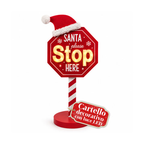 Világító „Santa Stop Here” tábla, 51 cm, LED-es karácsonyi dekoráció
