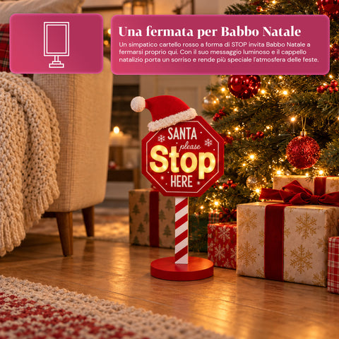 Világító „Santa Stop Here” tábla, 51 cm, LED-es karácsonyi dekoráció