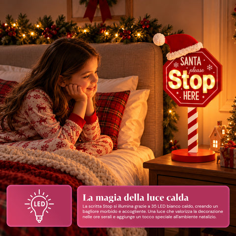 Világító „Santa Stop Here” tábla, 51 cm, LED-es karácsonyi dekoráció