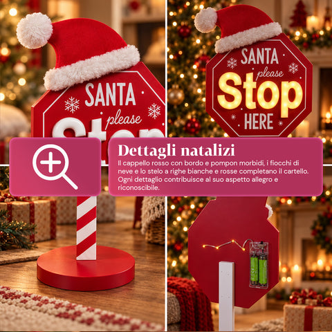 Világító „Santa Stop Here” tábla, 51 cm, LED-es karácsonyi dekoráció