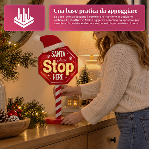 Világító „Santa Stop Here” tábla, 51 cm, LED-es karácsonyi dekoráció