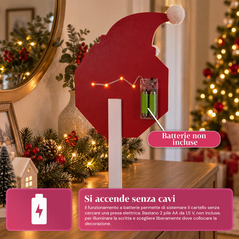 Világító „Santa Stop Here” tábla, 51 cm, LED-es karácsonyi dekoráció