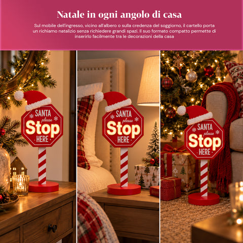 Világító „Santa Stop Here” tábla, 51 cm, LED-es karácsonyi dekoráció
