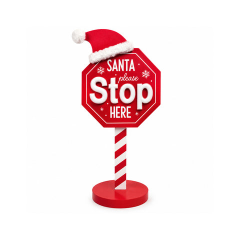 Világító „Santa Stop Here” tábla, 51 cm, LED-es karácsonyi dekoráció
