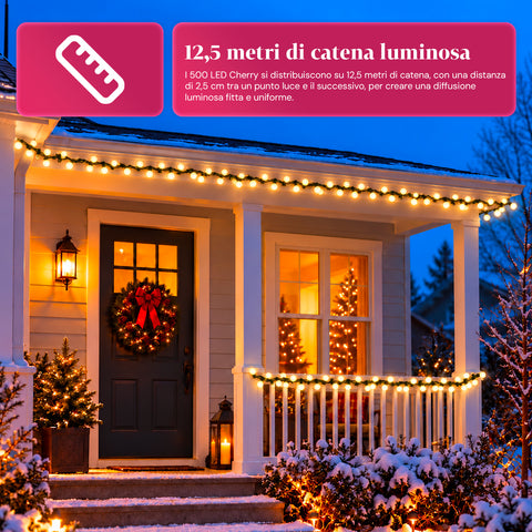 500 LED-es Cherry fényfüzér, 12,5 m, 8 fényeffektus, IP44