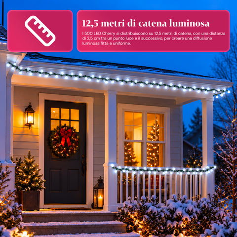 500 LED-es Cherry fényfüzér, 12,5 m, 8 fényeffektus, IP44