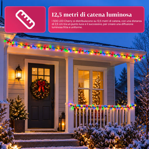 500 LED-es Cherry fényfüzér, 12,5 m, 8 fényeffektus, IP44