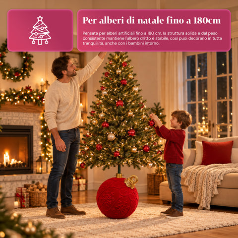 Piros gömb alakú karácsonyfa-talapzat Ø42 cm, bársonyos hatással