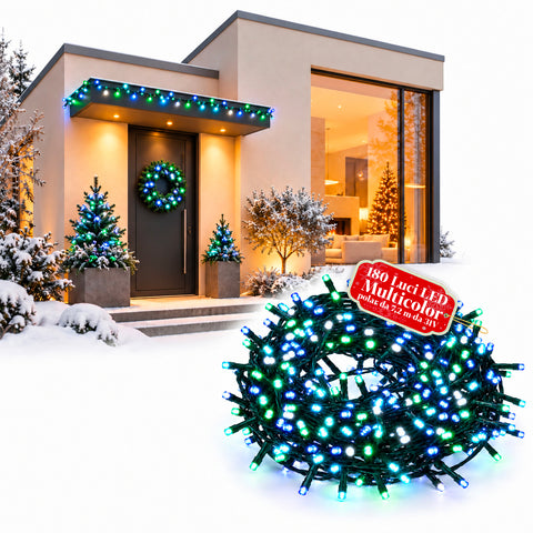 180 LED-es, programozható fényfüzér beltéri és kültéri használatra, karácsonyi fények 8 fényeffekttel, 7 elérhető színben, zöld kábellel és transzformátorral együtt