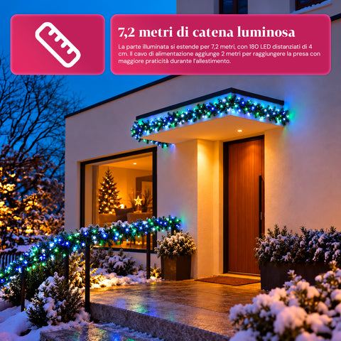 180 LED-es, programozható fényfüzér beltéri és kültéri használatra, karácsonyi fények 8 fényeffekttel, 7 elérhető színben, zöld kábellel és transzformátorral együtt