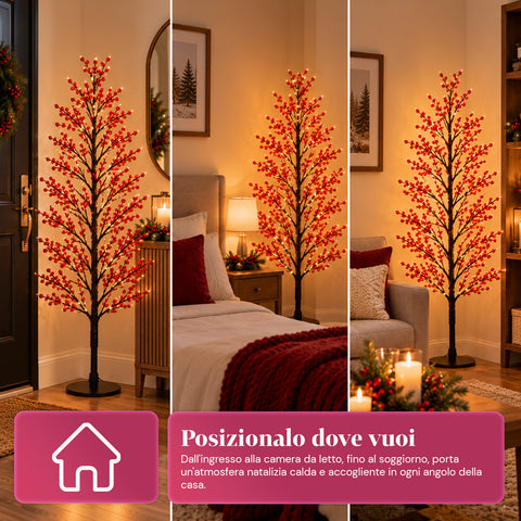 Fénylő fa piros bogyókkal, 150 cm, 635 meleg fehér LED-del