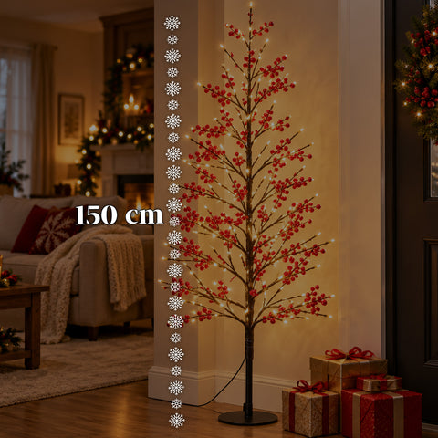 Fénylő fa piros bogyókkal, 150 cm, 635 meleg fehér LED-del