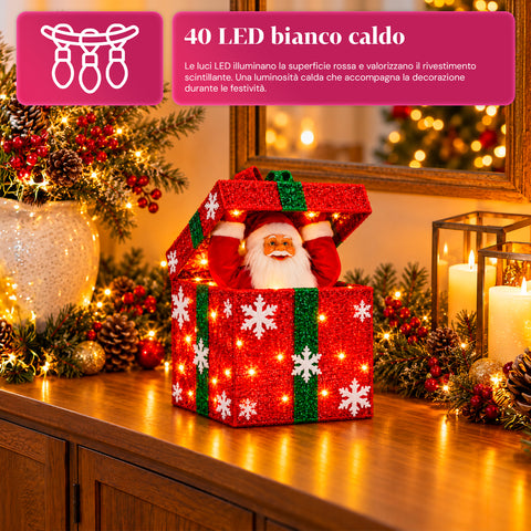 Pacco regalo luminoso con Babbo Natale musicale e animato H30 cm