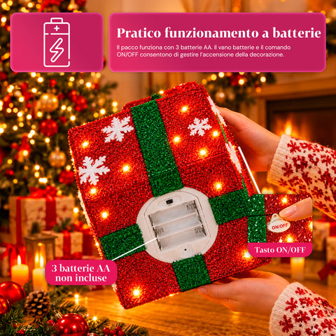 Pacco regalo luminoso con Babbo Natale musicale e animato H30 cm
