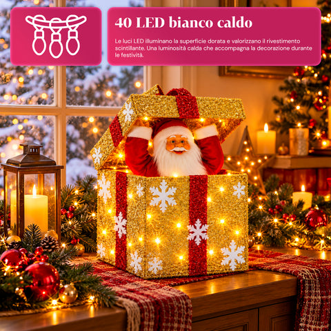 Pacco regalo luminoso con Babbo Natale musicale e animato H30 cm