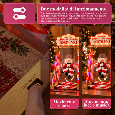 Hintázó Mikulás 40 cm-es méretben, LED-fényekkel, zenével és mozgással