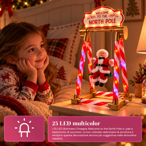 Hintázó Mikulás 40 cm-es méretben, LED-fényekkel, zenével és mozgással