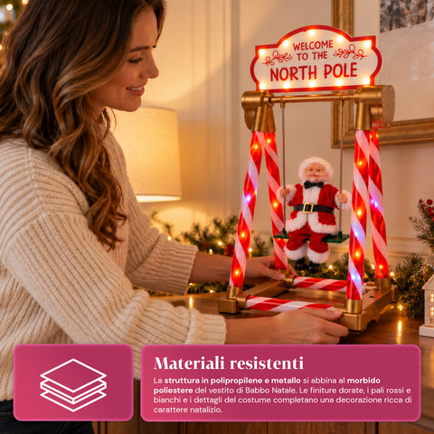Hintázó Mikulás 40 cm-es méretben, LED-fényekkel, zenével és mozgással