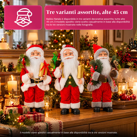 Karácsonyi Mikulás- és Mikulásné-figura, h45cm, lakásba, üzletbe és kirakatba való dekoráció, 3 féle változat fenyőágakkal és tobozokkal
