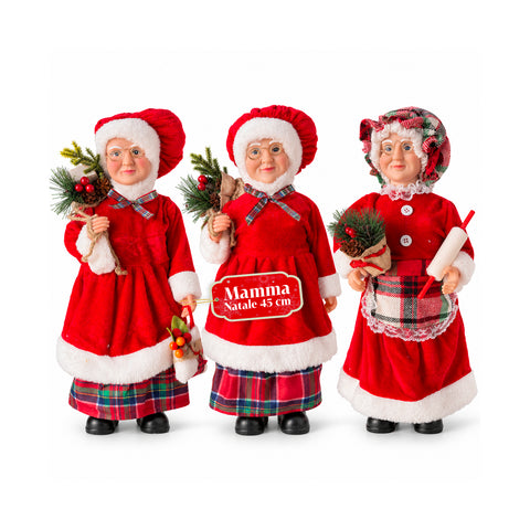 Karácsonyi Mikulás- és Mikulásné-figura, h45cm, lakásba, üzletbe és kirakatba való dekoráció, 3 féle változat fenyőágakkal és tobozokkal
