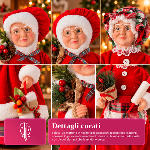 Karácsonyi Mikulás- és Mikulásné-figura, h45cm, lakásba, üzletbe és kirakatba való dekoráció, 3 féle változat fenyőágakkal és tobozokkal