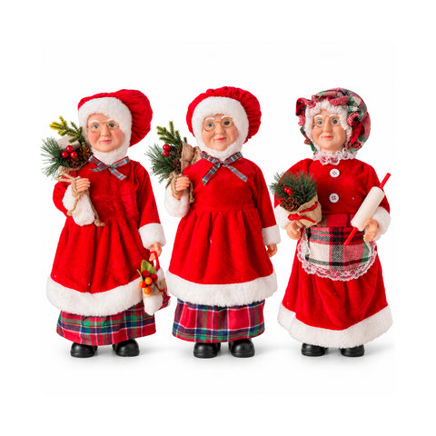 Karácsonyi Mikulás- és Mikulásné-figura, h45cm, lakásba, üzletbe és kirakatba való dekoráció, 3 féle változat fenyőágakkal és tobozokkal