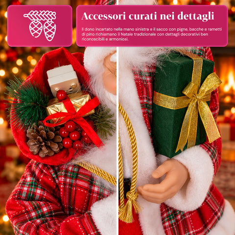 Karácsonyi Mikulás- és Mikulásné-figura, h110cm, lakásba, üzletbe és kirakatba való dekoráció, 2 választható változat fenyőágakkal és tobozokkal