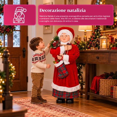 Karácsonyi Mikulás- és Mikulásné-figura, h110cm, lakásba, üzletbe és kirakatba való dekoráció, 2 választható változat fenyőágakkal és tobozokkal