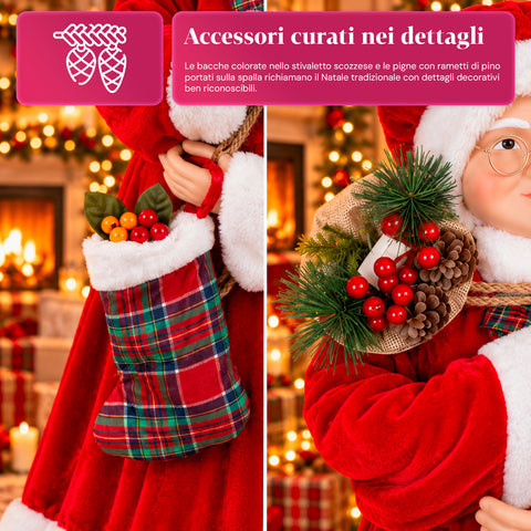 Karácsonyi Mikulás- és Mikulásné-figura, h110cm, lakásba, üzletbe és kirakatba való dekoráció, 2 választható változat fenyőágakkal és tobozokkal