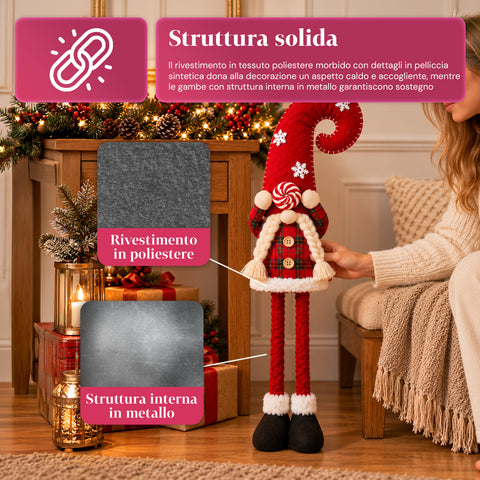 Kihúzható karácsonyi manó 60-80 cm, kockás textilből készült dísztárgy