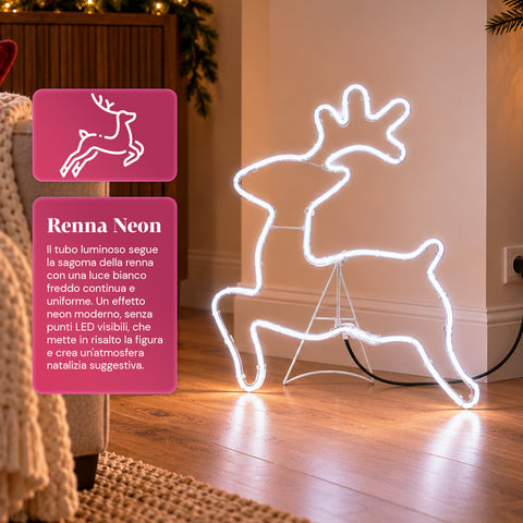 Világító neon LED rénszarvas, 65x58 cm, hideg fehér, beltéri és kültéri használatra