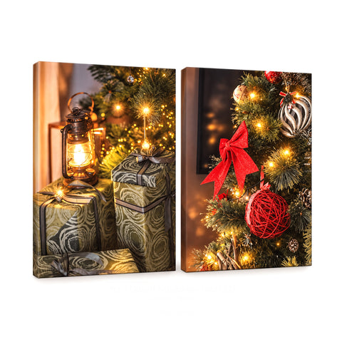 Quadri natalizi con luci LED in set da 2, 30x40 cm: Babbo Natale, renne, gnomo e alberi che si illuminano, a batteria con interruttore