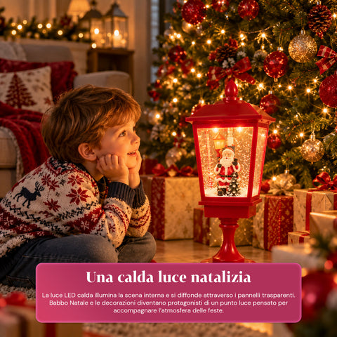 Lampione di Natale Luminoso 60 cm con Babbo Natale, Effetto Neve che Soffia e Musica, LED, Lanterna Natalizia Rossa Decorativa