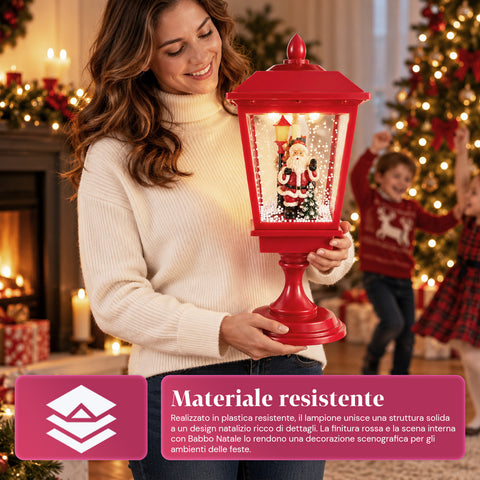 Lampione di Natale Luminoso 60 cm con Babbo Natale, Effetto Neve che Soffia e Musica, LED, Lanterna Natalizia Rossa Decorativa