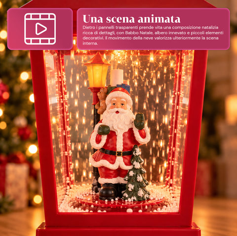 Lampione di Natale Luminoso 60 cm con Babbo Natale, Effetto Neve che Soffia e Musica, LED, Lanterna Natalizia Rossa Decorativa