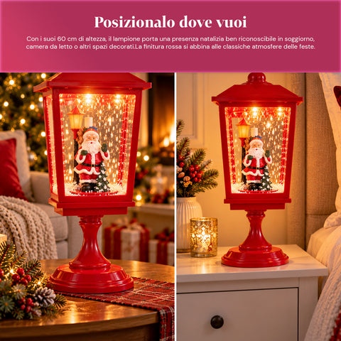 Lampione di Natale Luminoso 60 cm con Babbo Natale, Effetto Neve che Soffia e Musica, LED, Lanterna Natalizia Rossa Decorativa